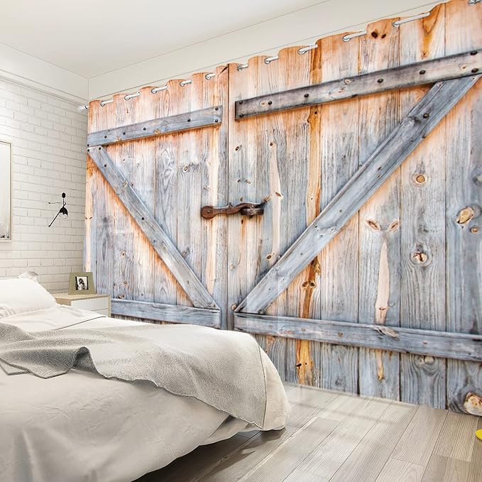 Closed Wooden Door Window Curtains Rustic Vintage Barn Door Kitchen Curtains Countryside Farmhouse Old Wood Planks Light Blocking Bedroom Drapery Treatments with Grommets,53x63 inch,2 Panels