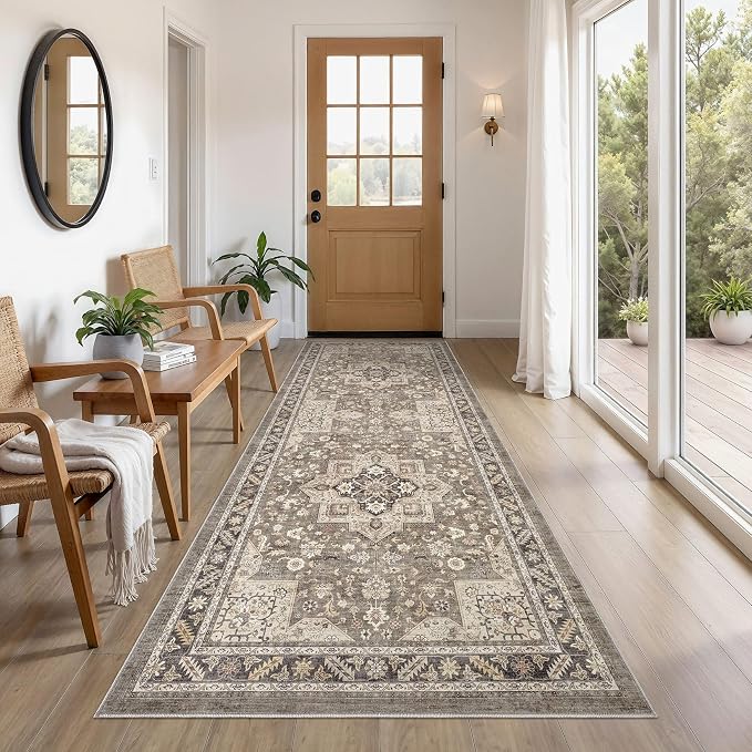 Vintage Hallway Runner Rug 3x8: Large Soft Washable Entryway for Kitchen Laundry Room Non-Slip Backing Runner for Entrance Living Room Bedroom Bathroom - Brown