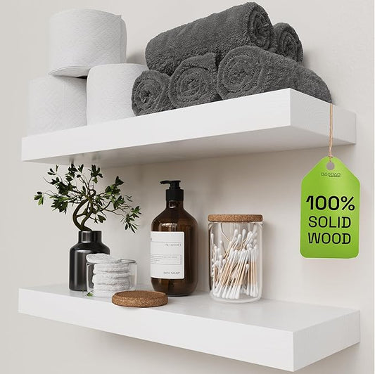 Solid Wood Floating Shelves for Wall 20 Inch White, Wooden Bathroom Shelf | Real Wood, Wall Mounted, Heavy-Duty, Bedroom Kitchen Living Room, Rustic, White Finish, 20W x 6.7D, Set of 2