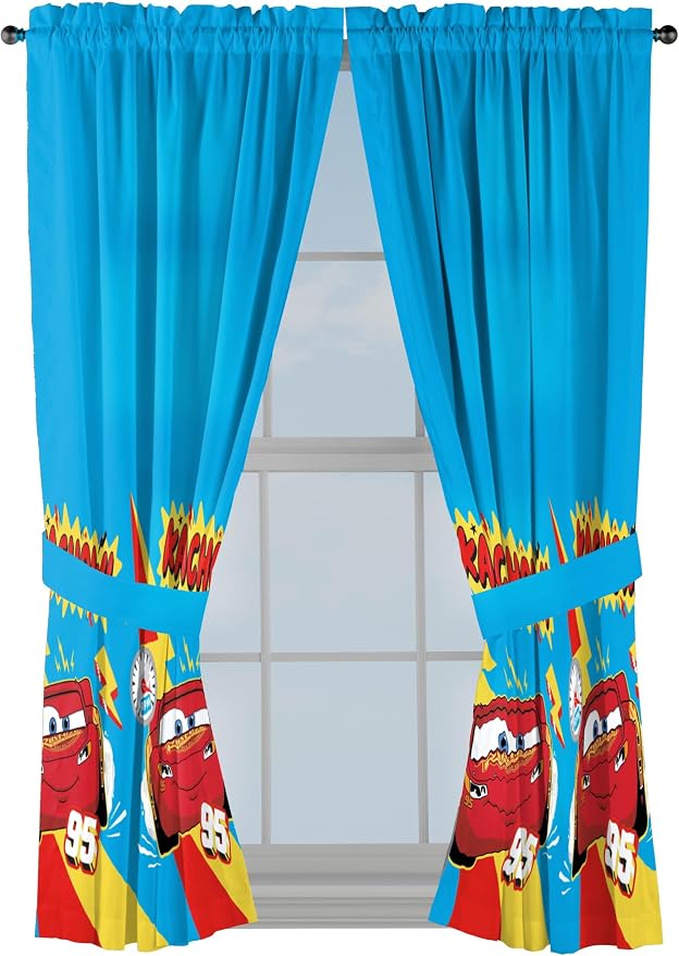 Sunny Side Up Window Curtains for Kids Bedroom 4-Piece Drape Set with 2 Tiebacks, Blue - Cars, 42" W x 63" L (Pack of 2)