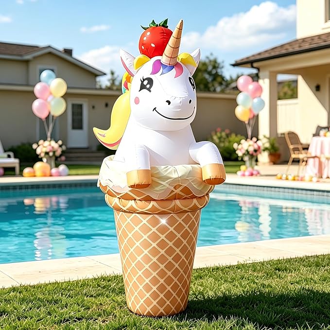 5FT Inflatable Unicorn with Ice Cream Cone for Summer Outdoor Decorations, Giant Blow Up Ice Cream Built-in LED Lights for Sweet Candy Theme Girls Birthday Party, Beach Pool Yard Garden Photo Backdrop