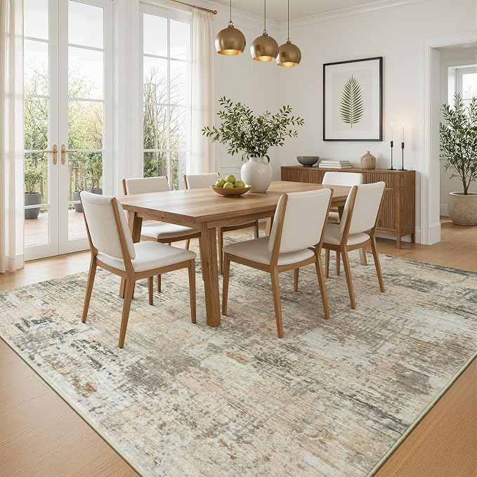 Rugflix 8x10 Area Rugs for Living Room, Washable Large Rug Stain-Resistant Low Pile, Modern Neutral Carpet for Dining Room Home Office Kid Room Nursery Bedroom, Brown Black Beige