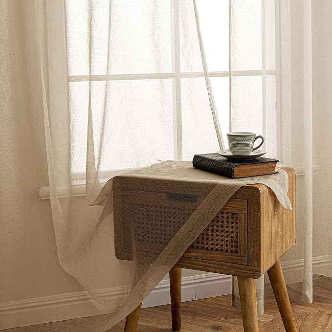 MIULEE 2 Panels Beige Khaki Sheer Window Curtains Elegant Grommet Top Window Voile Drapes/Treatment Linen Textured Panels for Bedroom Living Room (54X63 Inches)