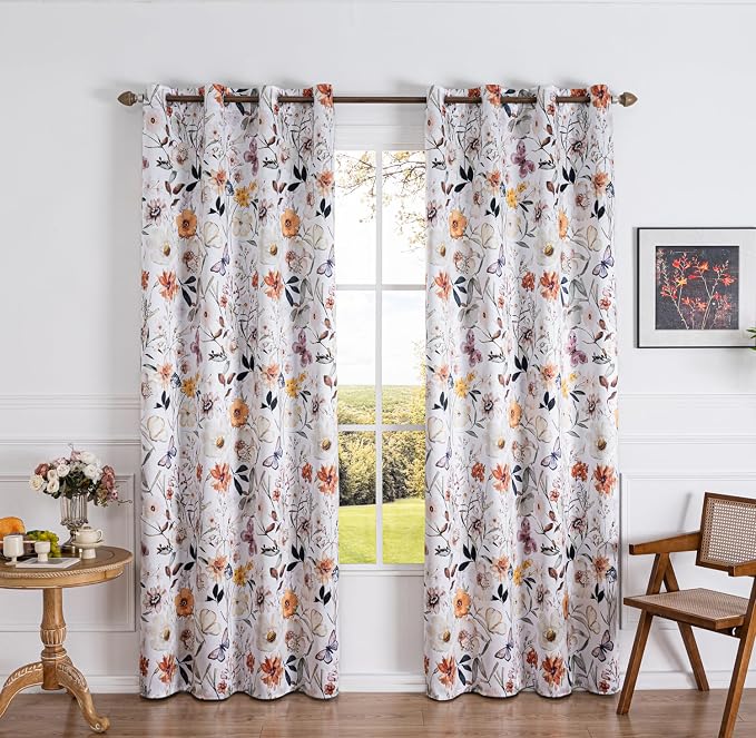 Floral Print 100% Blackout Curtains 84 inch Long 2 Panels, White Botanical Pattern Thermal Insulated Room Darkening Window Drapes, Grommet Top Privacy Curtains for Bedroom Living Room, 52"W x 84"L