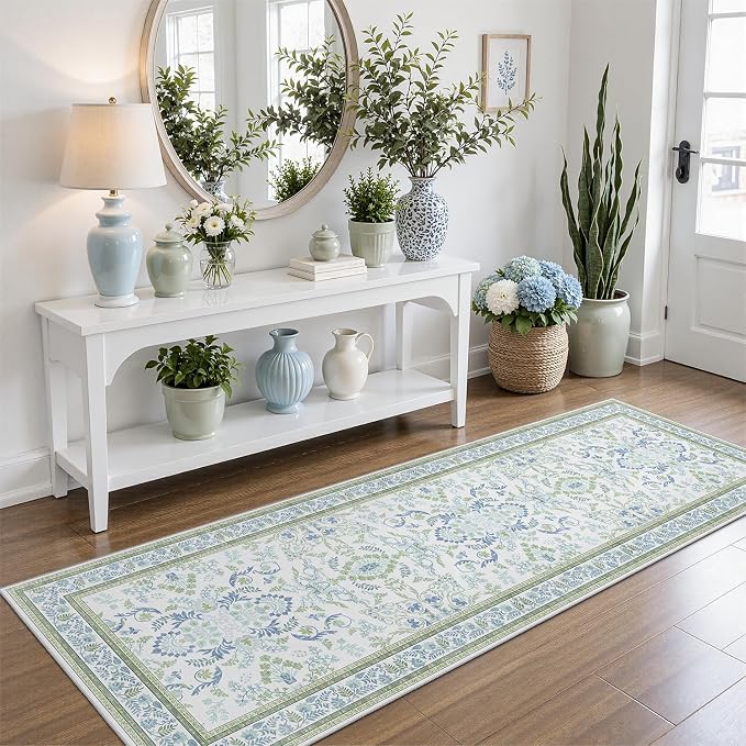 DCX Green and Blue Floral 2x6 Runner Rug, Machine Washable with Flowers Non Slip Vintage Floral Backing Hallway Runner Rug Carpet for Nursery Soft Low Pile Stain Resistant, Kitchen, Bathroom