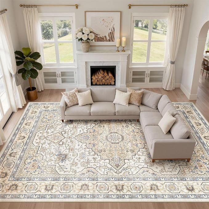 10x14 Area Rugs Living Room: Washable Boho Large Neutral Vintage Soft Rug Stain Resistant Farmhouse Non-Slip Indoor Floor Carpet for Bedroom Nursery Kids Playroom Office Dining Room- Sand Blue