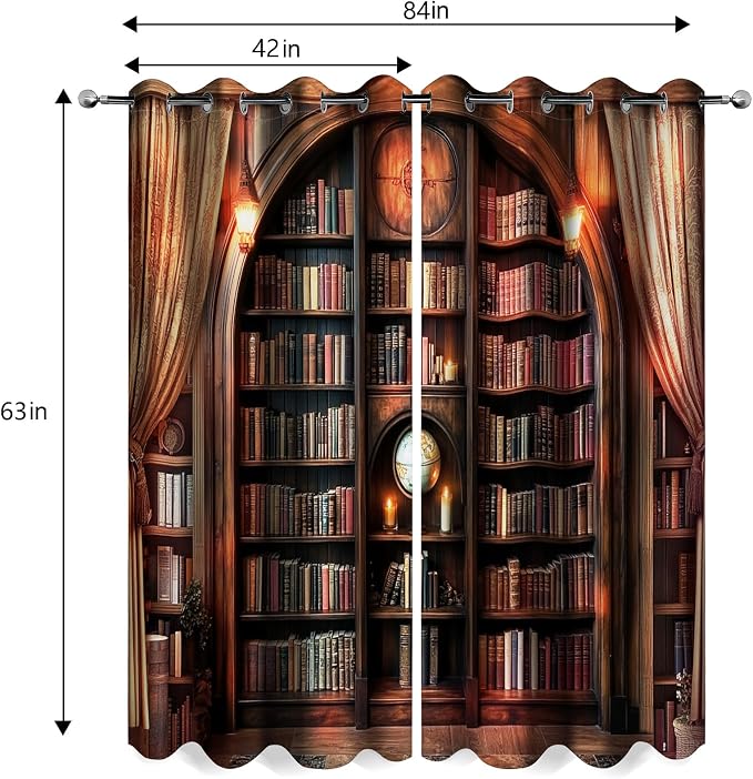 MissHope Vintage Bookshelf Blackout Curtains Book Bookcase Planet Decor for Bedroom Study Classroom Living Room Darkening Grommet Window Drapes 2 Panel Set, 42x63 Inch