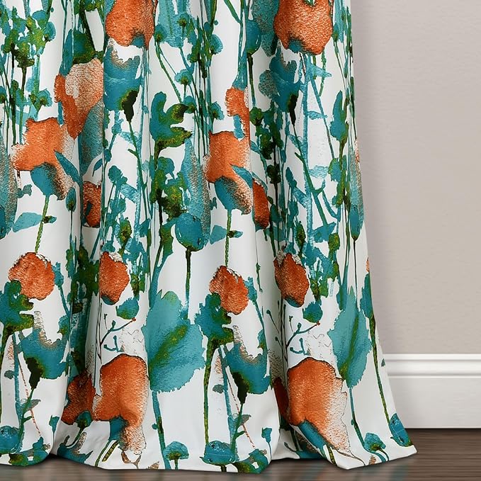 Lush Decor Zuri Flora Room Darkening Window Curtain Panels Pair 52" W x 84" L Turquoise & Orange - Room Darkening Curtains for Bedroom - Floral Curtains