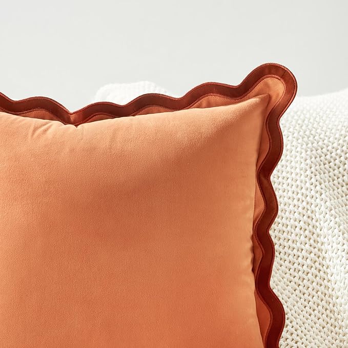 MONDAY MOOSE Decorative Throw Pillow Covers Cushion Cases, Set of 2 Soft Velvet Scalloped Wavy Edge Designs, Mix and Match for Home Decor, Pillow Inserts Not Included (20x20 inch, Rust/Coral)