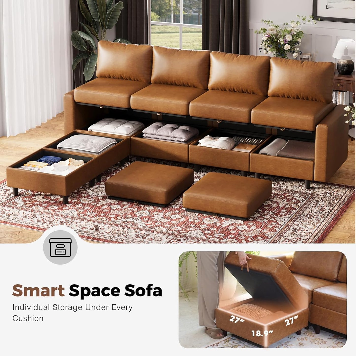 118.5" Faux Leather Modular Sectional Sofa, Modern Large 8 Seater U Shaped Couch with Storage Seat with Reversible Chaise Deep Seat for Living Room DIY Combination - Brown
