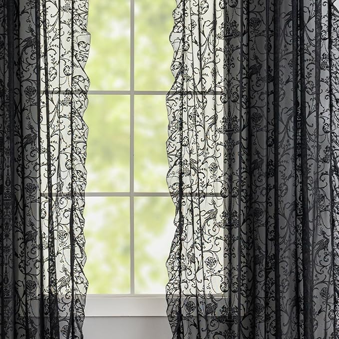 TUDECO Black Lace Curtains 63 Inch Length 2 Panels - Victorian Sheer Floral Gothic Curtains for Bedroom Whimsy Dark Academia Curtains Rod Pocket Privacy Window Treatments, 59 x 63 Inch, Black