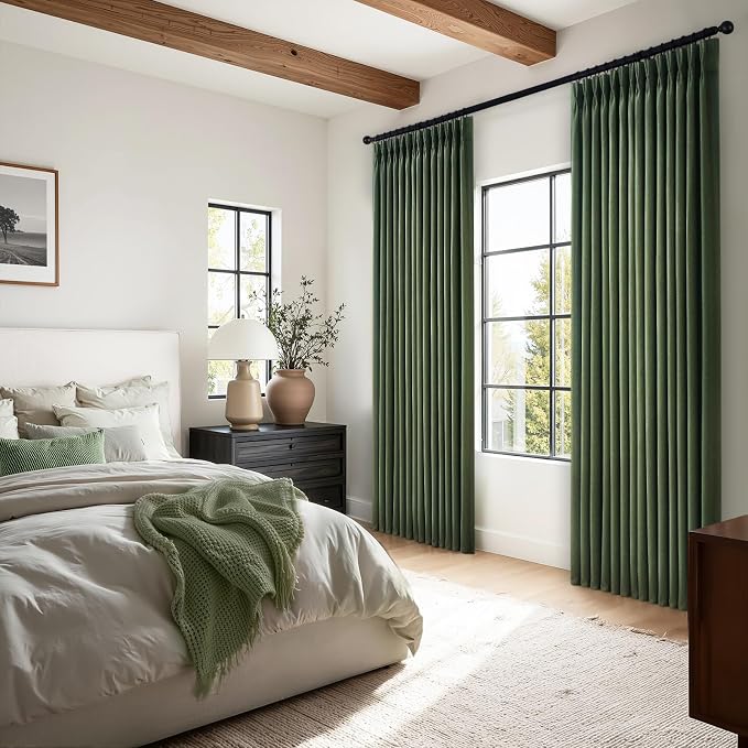 Olive Green Thick Semi Sheer Curtains 96 Inches Long,Linen Textured Boho Natural Bedroom Living Room Home Decor,Cotton Linen Blended Light Filtering Pinch Pleated Window Curtain 8ft Panels Set of 2
