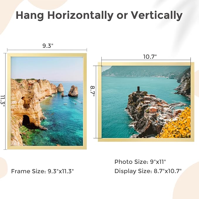 FLYJOE 9x11 Metal Picture Frame - Gold Aluminum Picture Frames with Real Glass, Wall Mounting Horizontally or Vertically, Simple and Elegant Decor for Wall Gallery Poster Photo 11x9 Frame, Gold