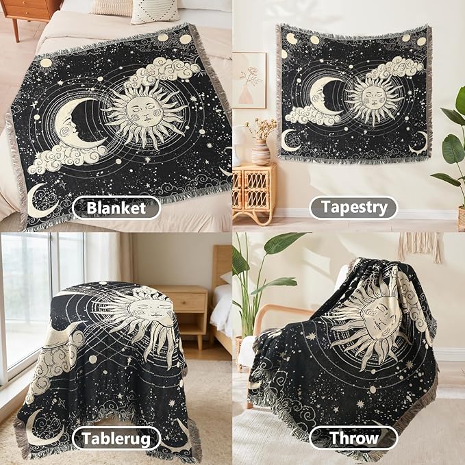 Boho Throw Blanket Reversible Cotton Bohemian Tapestry Hippie Room Decor Outdoor Blanket Double Sided (Sun Moon 50"x60")