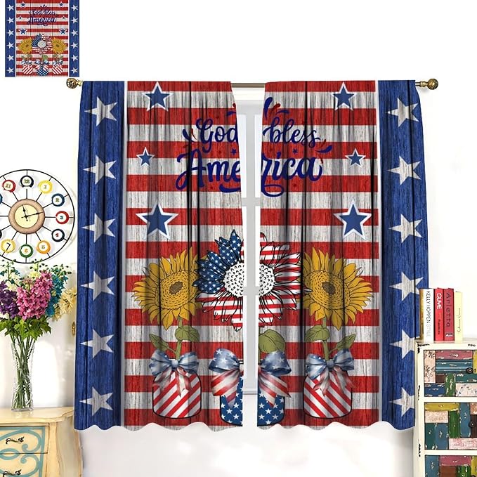 American Flag Curtains,Rustic Retro Wooden Sunflowers Stars Stripe USA Independence Day Decor Drape for Bedroom Living Room Window Treatment 2 Panels Set Total Size 42" W X 63" L Inch