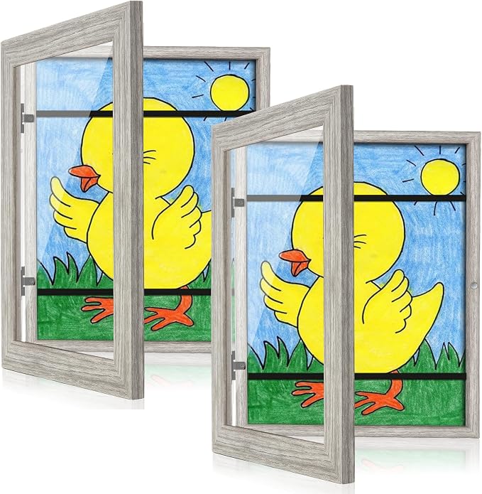 [2-Pack] Kids Art Frames, 8.5x11 Front Opening Kids Artwork Frames Changeable, Grey Wood Grain Artwork Display Storage Frame for Wall, Holds 50 Pcs, for 3D Picture, Crafts, Children Drawing, Hanging