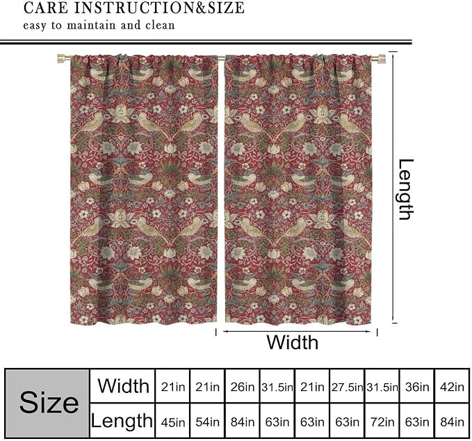 Boho William Morris Blackout Curtains, Retro Bird Plant Natural Flower Pattern Print Window Drapes, for Living Room Bedroom 36(W)*63(L) 2 Panels