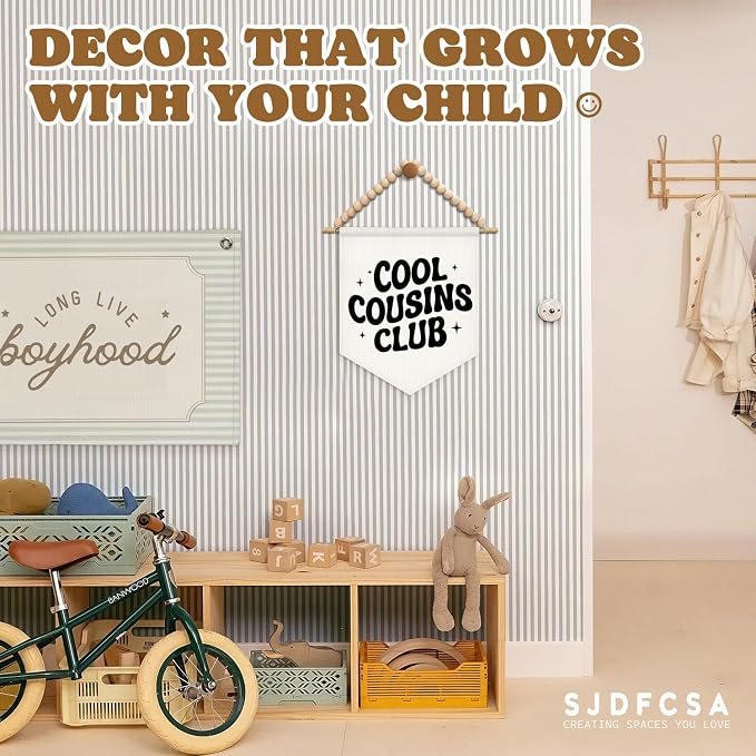 SJDFCSA Kids Room Wall Art Decor, Boys Girls Room Decor, Cool Cousins Club Boho Wall Hanging Display Pennant Flag for Kids Boys Girls Nursery Toddler Room Bedroom Playroom