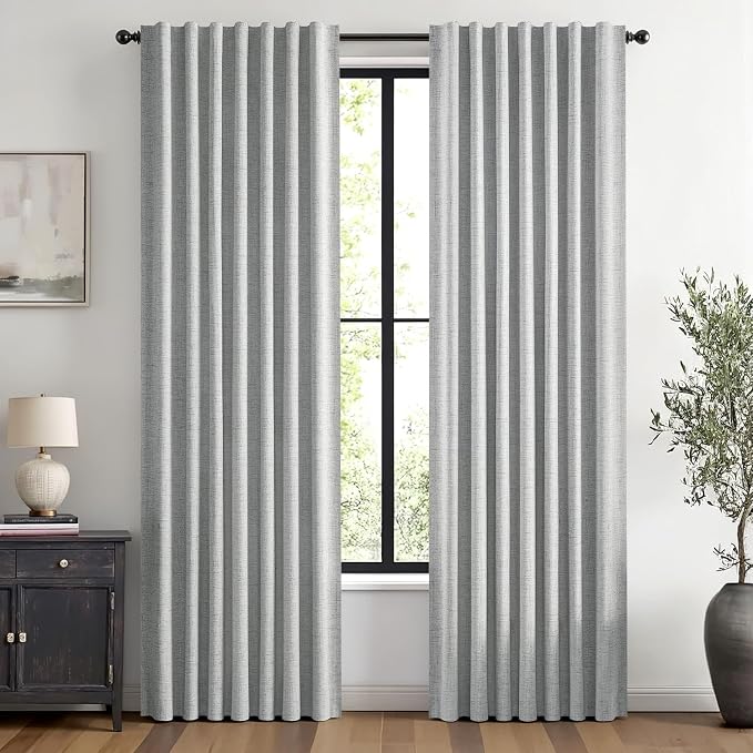 MIULEE 100% Blackout Linen Curtains for Bedroom, Grey Solid Luxury Decor Thermal Insulation Room Darkening Drapes for Living Room Back Tab Rod Pocket 42 x 72 Inches, 2 Panels