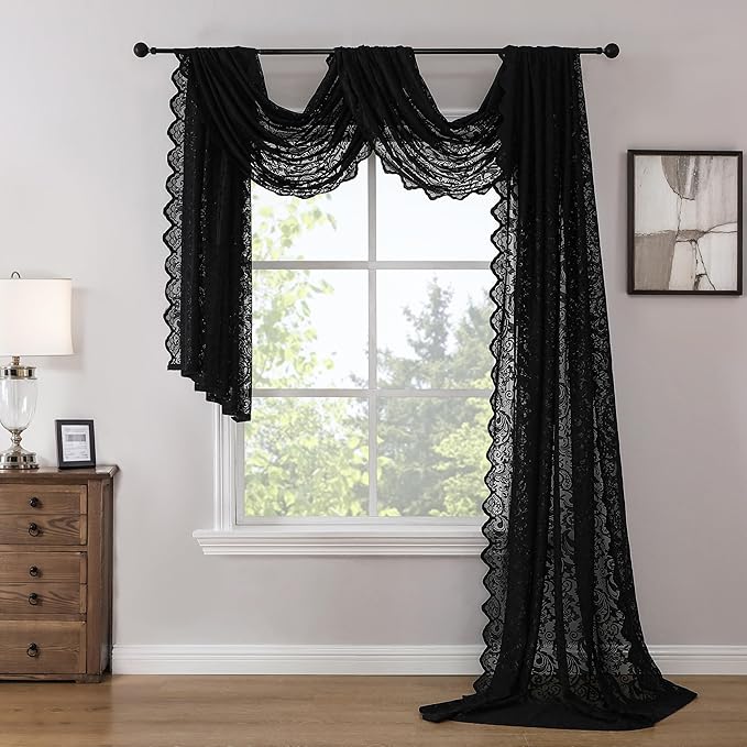 Bujasso Black Lace Curtain 216 inches Long for Living Room Bedroom Vintage Floral Extra Long Window Scarf Valance 1 Panel 52" Wx216 L
