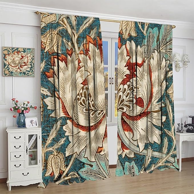 William Morris Plant Floral Blackout Window Curtains, Bohemian Vintage Rustic Flowers William Morris Art Style Window Drapes, for Bedroom Living Room 31.5(W)*72(L) 2 Panels