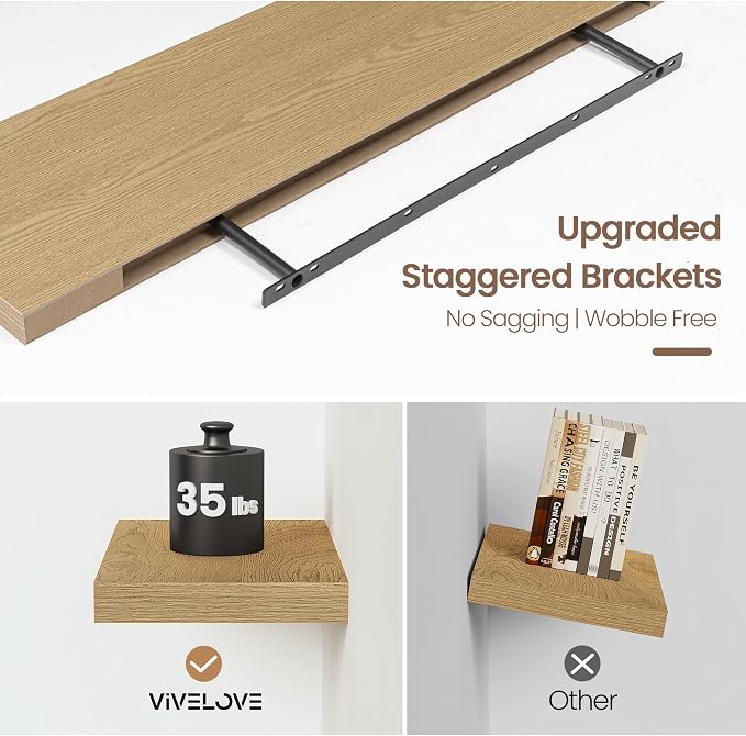 Vivelove 24 Inch Floating Shelves for Wall, 24x9 Display Shelves for Bathroom Living Room Kitchen Bedroom Office Farmhouse Home Decor - Set of 2, Oak