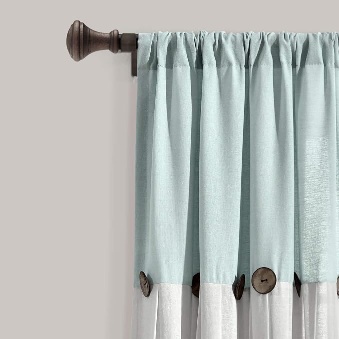 Lush Decor Linen Button Window Curtain Panel, Single, 40" W x 63" L, Blue & Off White - Country Curtains - Rustic Decor - Color Block Modern Farmhouse Curtains For Living Room, Bedroom & Dining Room