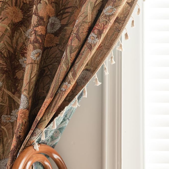 ENJOYBRIDAL Dandelion Curtains 63 Inches Long Bedroom Boho Drapes Short Semi Sheer Jacquard Rod Pocket Window Curtain Panels Vintage Living Room 2 Panels Decorative Tassel Farmhouse Window Treatments