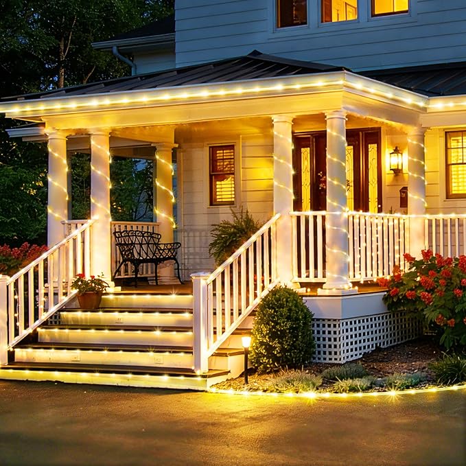 KNONEW Solar Rope Lights Outdoor 300LED 50FT Solar String Lights Outside Waterproof with Modes Clear Thin Tube for Pool Tree Patio Garden Fence Camping Yard Deck Trampoline（Warm White）