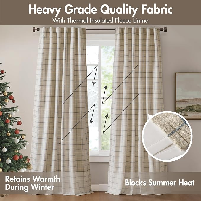 Madison Park Anaheim Cabin Plaid Curtain Window, Thermal Insulated Fleece Lining, Living Room Decor Room Darkening Drape for Bedroom, 1-Single Panel Pack, 50x95, Rod Pocket & Back Tab, Linen Blue