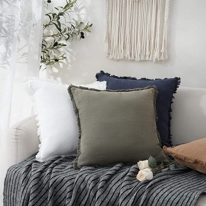 Foindtower Set of 2 Decorative Linen Fringe Throw Pillow Covers Boho Farmhouse Cushion Cover with Tassels Accent Pillowcase for Couch Bed Sofa Living Room Home Bedroom Decor, 12×24 Inch, Navy Blue