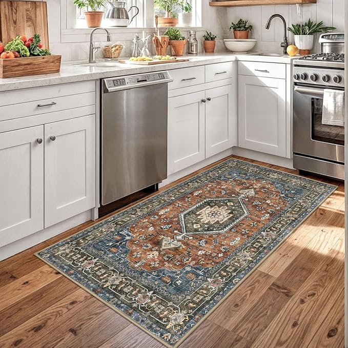 KUTA 3x5 Entryway Rug Non-Slip Washable Area Rugs, Vintage Kitchen Rugs Brick Red, Ultra Soft Printed Medallion Tribal Entry Low-Pile Carpet for Entrance Bedroom Nursery Dorm Décor