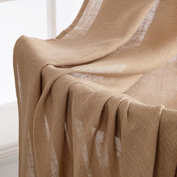 MIULEE Light Brown Short Linen Curtains 45 Inch Length 2 Panels for Kitchen Bedroom Bathroom, Soft Thick Linen Textured Basement Window Drapes Semi Sheer Light Filtering Back Tab Burlap Look Decor