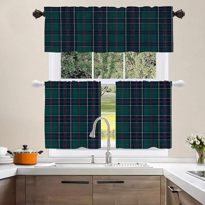 Shrahala Tartan Plaid Kitchen Valances, Green Scottish Fabric Kilt Twill Woven Half Window Curtain Window Treatment Multilayer Polyester Blackout for Living Room Bathroom 52 x 18 in