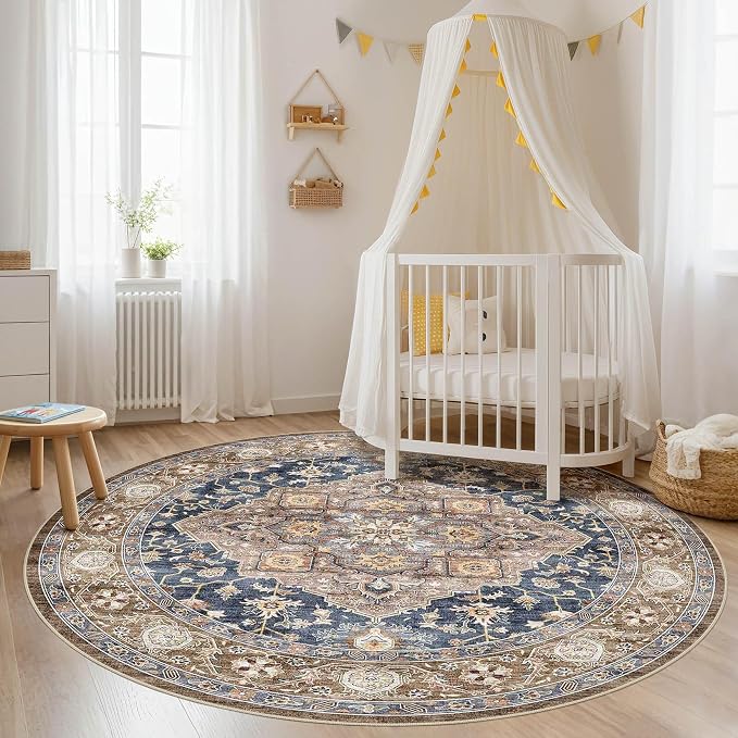 Round Rug Living Room Rugs: 10x10 Washable Boho Neutral Large Circle Soft Indoor Floral Stain Resistant Floor Farmhouse Carpet for Bedroom Nursery Kids Playroom Office Dining Room Dorm- Yellow Blue