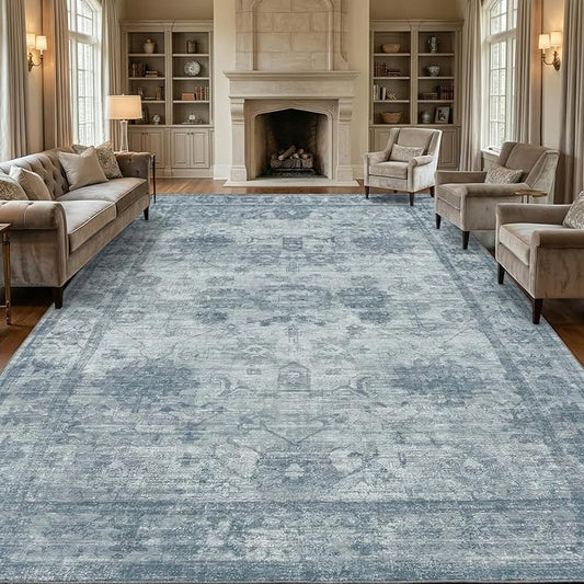 Homemate Washable Rug 10x14 Area Rugs - Vintage Faux Wool Rugs for Living Room Bedroom Dining Room - Non Slip Foldable Carpet Indoor Area Rug for Home Decor（10'x14', Blue
