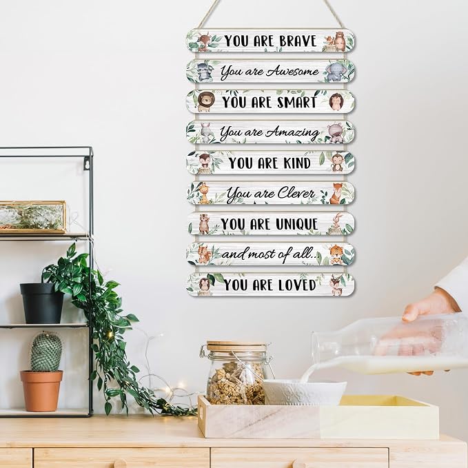 MONALET Woodland Safari Baby Animal Inspirational Wall Decor for Kids Room Classroom Playroom Nursery, You Are Loved Hanging Wooden Signs Decorations, Forest Jungle Wall Art Wood Plaque 9Pcs 12x19