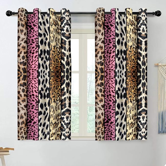 Wild Animal Print Curtain, Room Darkening Thermal Insulated Blackout Leopard Boa Window Drapes with Grommets for Living, Dining, Bedroom, Pink Leopard Print, 52"x 63", 2 Panels