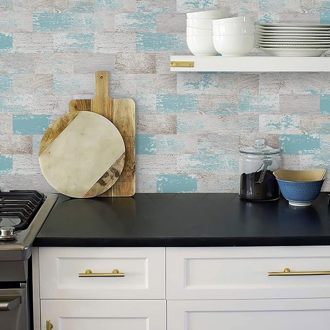 DEWOO Peel and Stick Wall Tile Backsplash PVC Self Adhesive Tiles for Kitchen Bathroom Turquoise Teal (10-Sheet, 13.5" x 11.4")