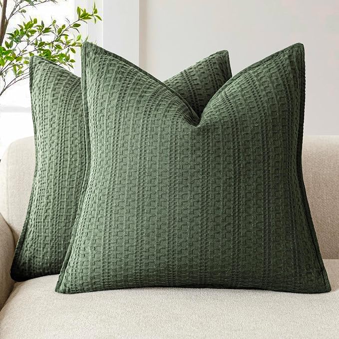 Foindtower Set of 2 Decorative Cotton Waffle Weave Throw Pillow Covers Euro Shams Cushion Covers Accent European Pillowcase for Bed Couch Sofa Bedroom Living Room Home Decor 24×24 Inch Dark Green