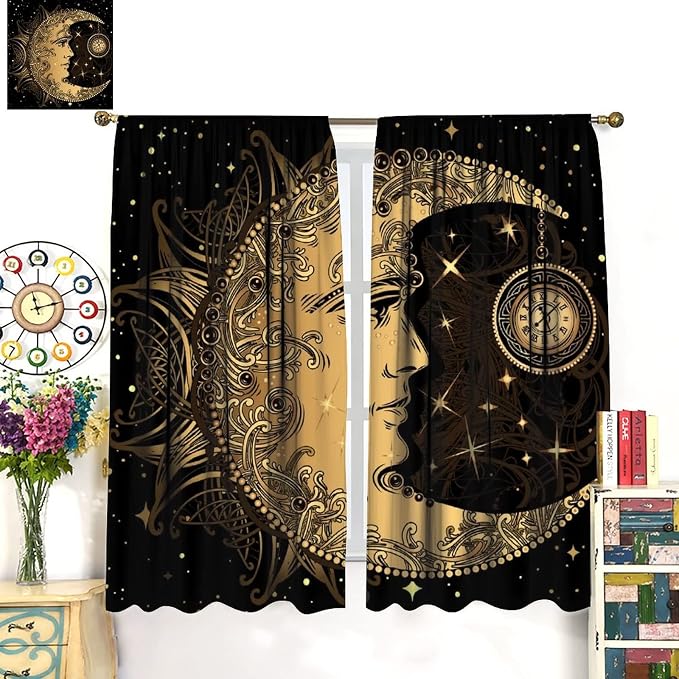 Sun Moon Blackout Windows Curtains, Retro Bohemian Antique Hippie Gold Sun Crescent and Star Curtains, for Living Room Bedroom 72x63in 2 Panels