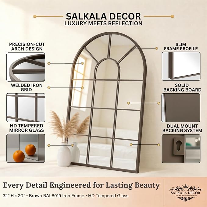 Brown Arched Windowpane Mirror 32x20 Inch, Bathroom Mirror Vanity Mirror for Wall, Boho Bedroom Decor, Vintage Hanging Mirror, Espejo de Pared