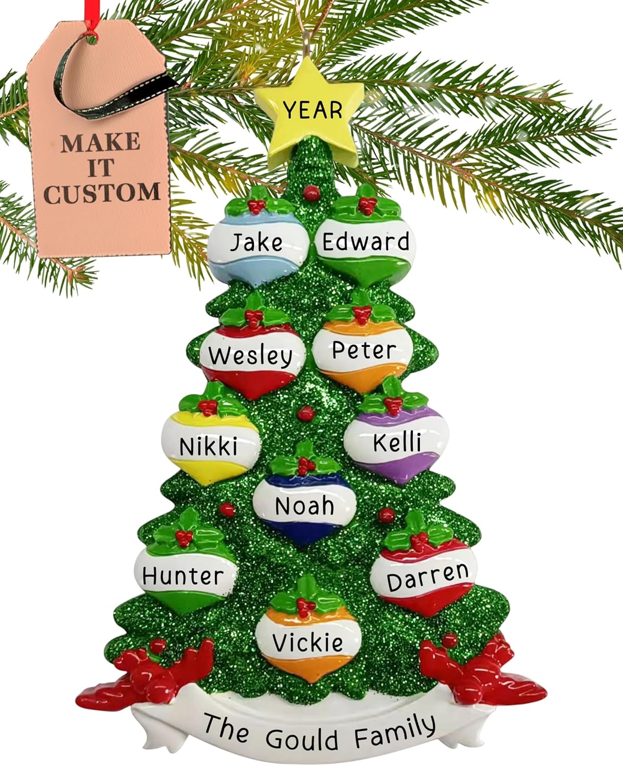 Personalized Large Family of 10 Ornament 2025 | Free 24h Customization | Christmas Ornaments for Tree | Custom Gift Wrapped Green Glitter Keepsake for Ten Persons