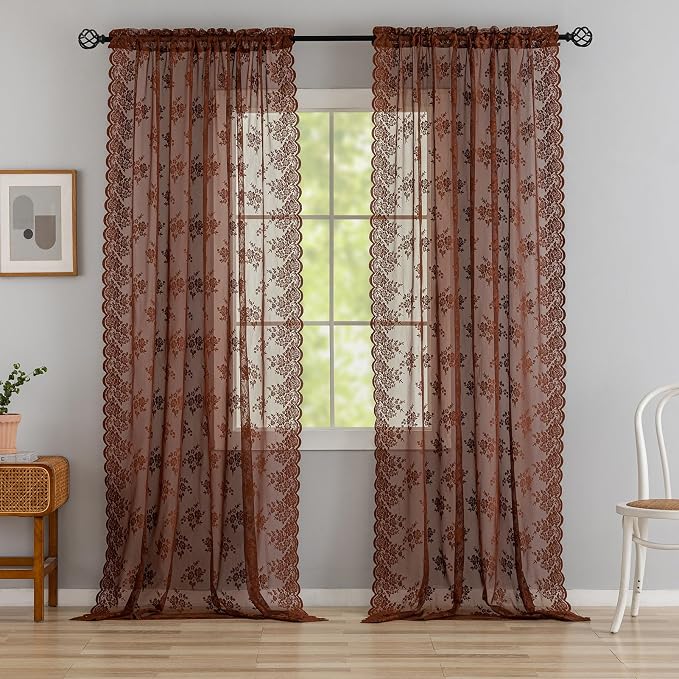 Kotile Warm Brown Lace Curtains 63 Inch Length 2 Panels W52 x L63 Inch, Country Rustic Floral Vintage Brown Sheer Curtains for Bedroom Rod Pocket Privacy Light Filtering Scalloped Sheer Window Curtain