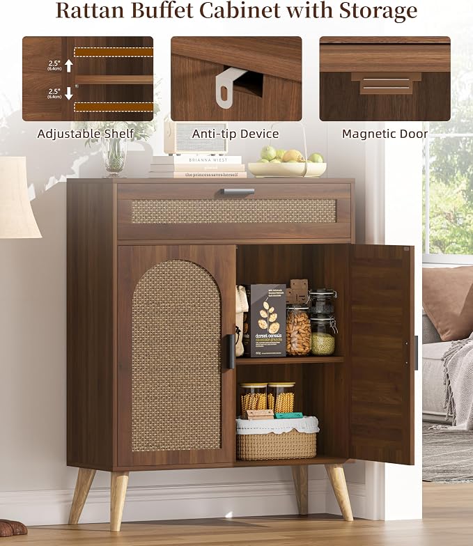 Keehusux Rattan Storage Cabinet with Drawer and 2 Doors, Accent Sideboard Buffet Cabinet with Adjustable Shelf, Solid Wood Feet, Coffee Bar for Kitchen, Living Room, Entryway, Walnut