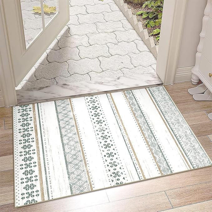 BESTSWEETIE 2x3 Area Rugs for Living Room Washable Moroccan Farmhouse Neutral Geometric Low Pile Non-Slip Soft Print Pattern Rug for Bedroom Kitchen Dining Room Entryway Green/Brown