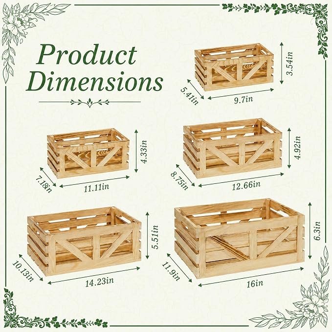 5 Pcs Wooden Crates for Display, Nesting Wood Crate for Storage, 5 Size | Farmhouse Weddings Wooden Basket for Storage Container and Decorations, Rustic Wood Crates for Farmers Market, Birthday, DIY