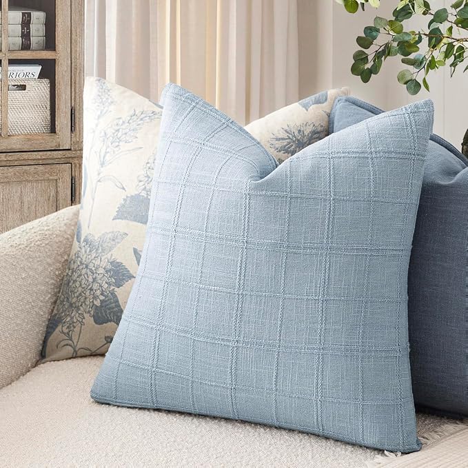 Foindtower Set of 2 Decorative Linen Check Throw Pillow Covers Neutral Farmhouse Vintage Cushion Covers Modern Boho Accent Home Decor for Sofa Chair Couch Bedroom Living Room,18×18 Inch,Sky Blue