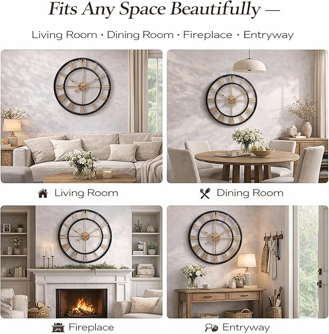 Pytha Sight 24 Inch Large Oversized Farmhouse Modern Decorative Wall Clock for Living Room,Industrial Big Vintage Gold Roman Numerals Metal Round Wall Clocks for Kitchen,Dining Room,Office