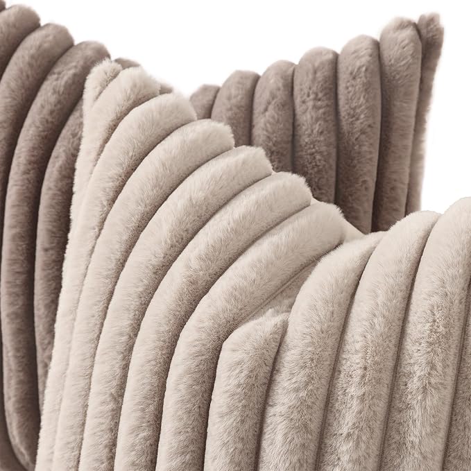 decorUhome Fall Cozy Faux Fur Throw Pillow Covers 16x16 Set of 2 Decorative Soft Plush Striped Modern Farmhouse Boho Couch Pillow Cases with Velvet Back for Sofa Bed Living Room, Tan